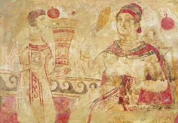 Mulher, em, dela, banheiro, funerary, cena, samnite, período, 5º-quarto, século, bc, (wall, painting)